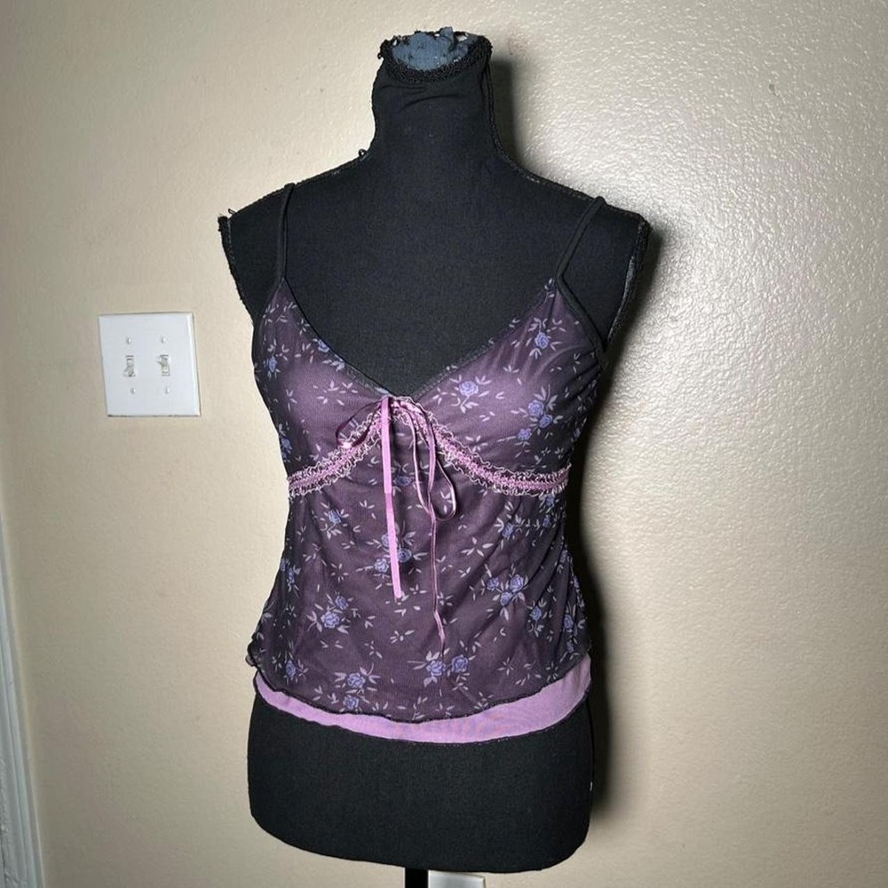 Floral Cami Top Purple Mesh Lace Trim Bow Detail Y2K Whimsygoth Small